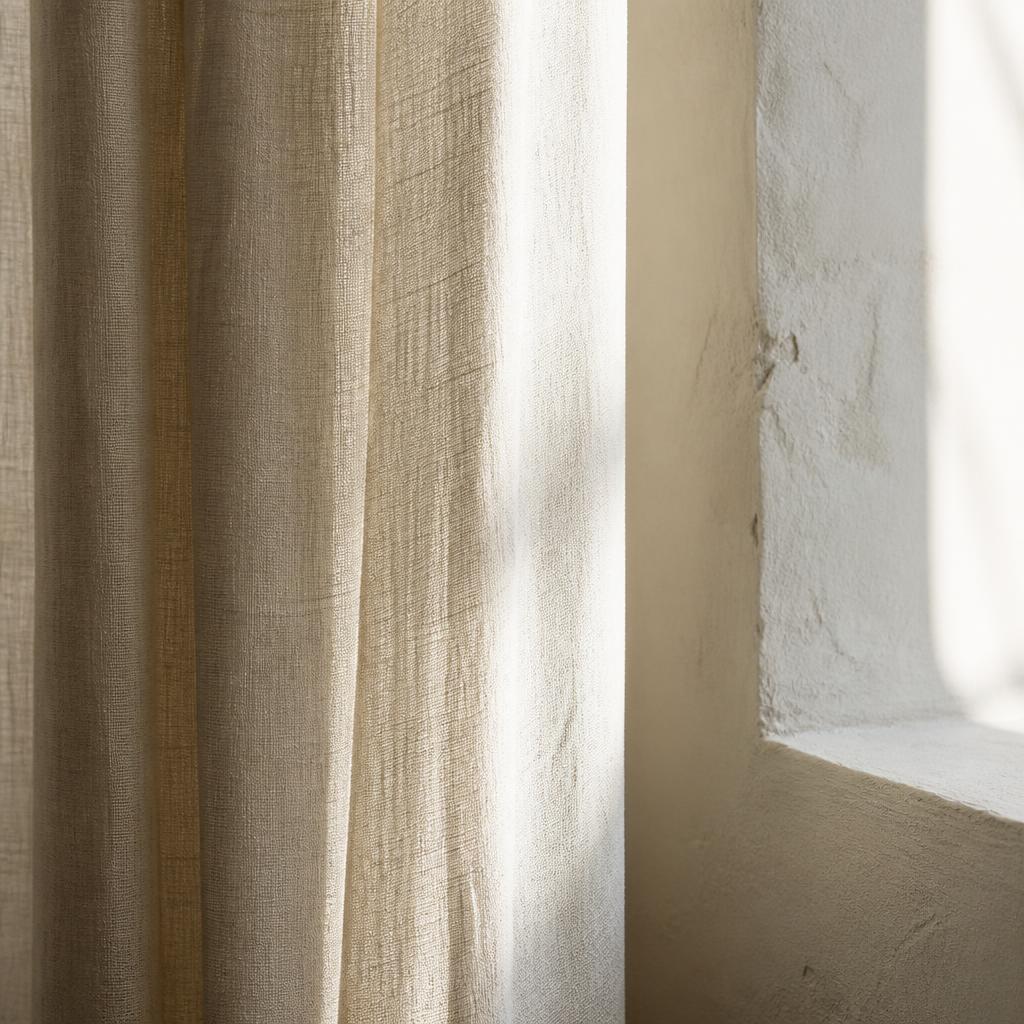 Folds of natural linen beside a window reveal